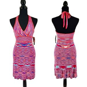 Vtg GUESS NWT Y2K Crochet Halter Dress Large Colorful Metallic Gold Red Blue